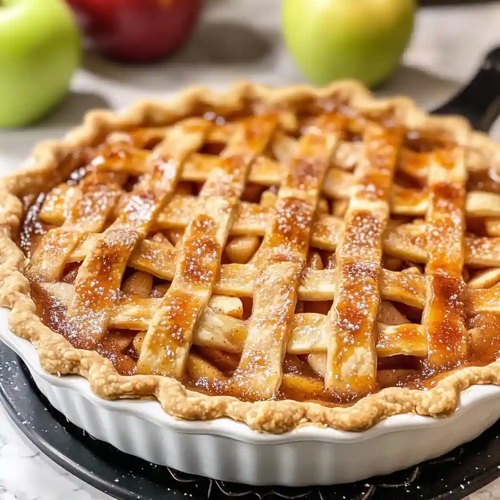 Whole baked apple pie with a golden lattice top.