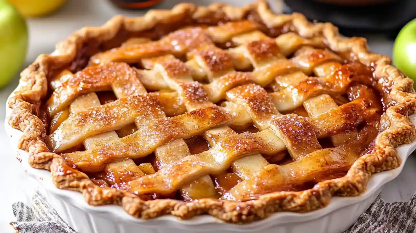 Freshly baked apple pie with golden lattice crust.
