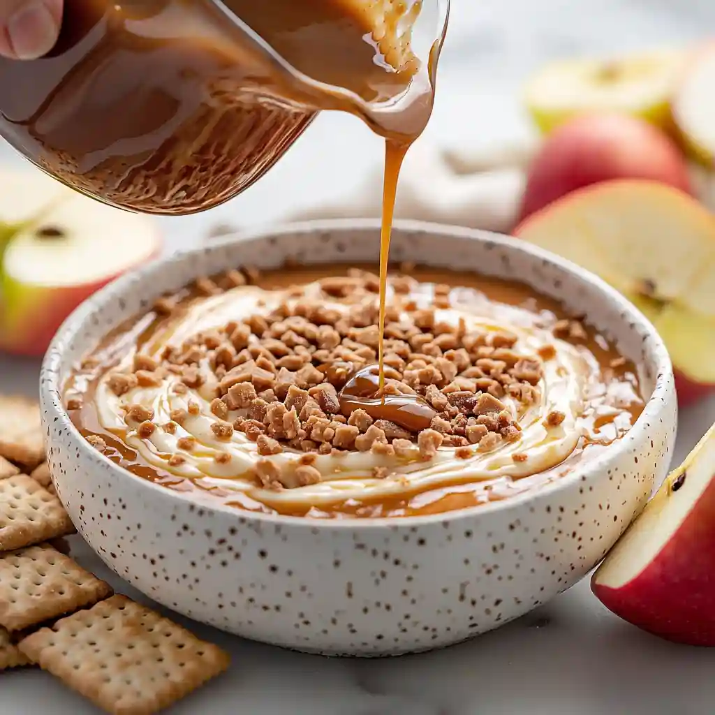 Caramel sauce being poured over apple dip topped with crushed toffee.