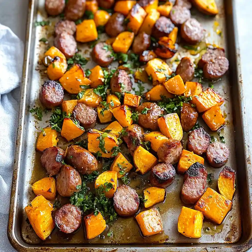 Sheet pan with roasted sausage and sweet potatoes with parsley.