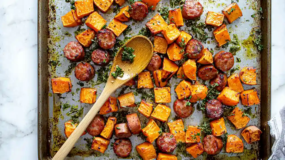 Overhead shot of roasted sausage and sweet potatoes with a wooden spoon.