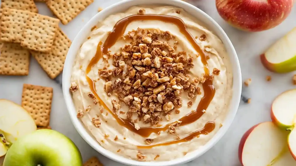 Overhead view of a bowl of caramel apple dip with cookie topping.