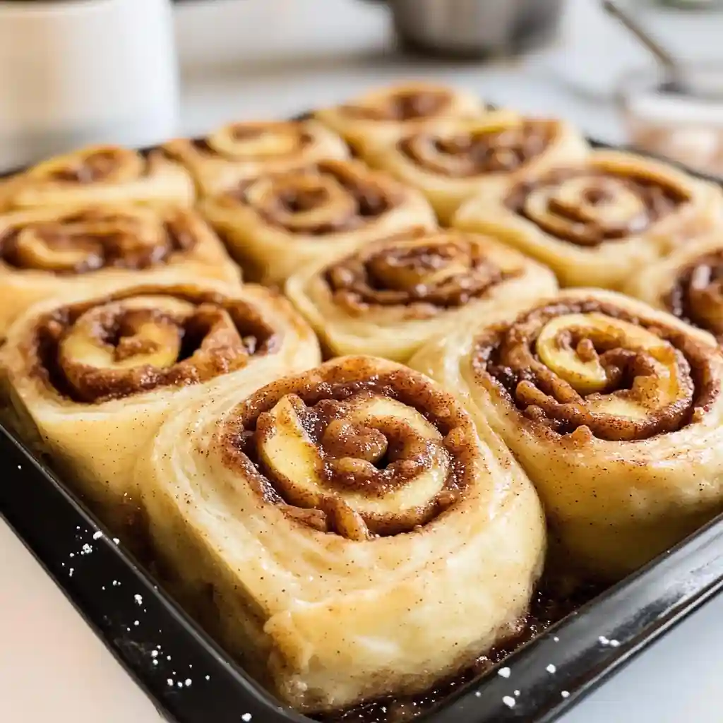 Baking tray of golden cinnamon rolls fresh from the oven.