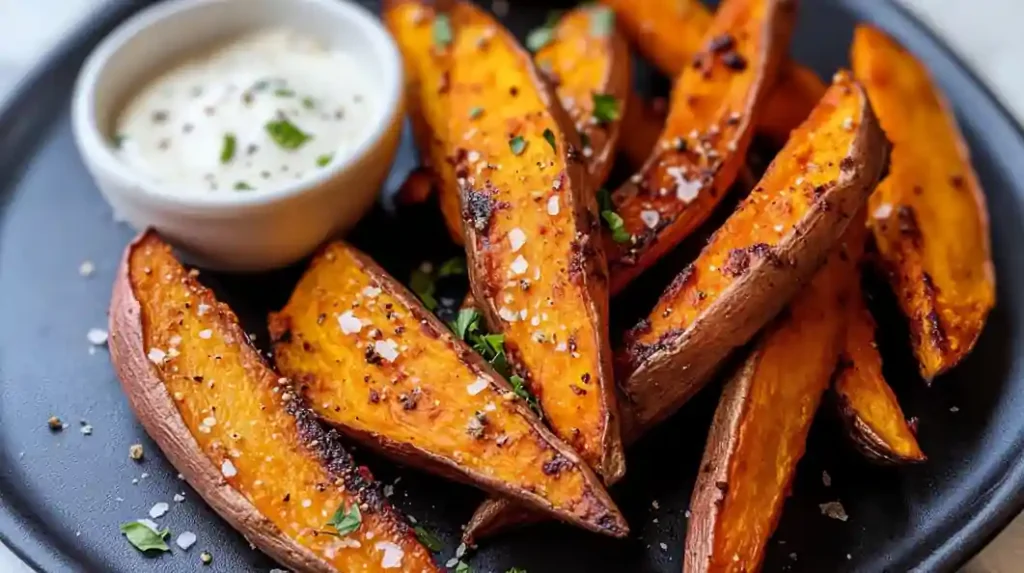Sweet potato wedges seasoned with garlic, herbs, and sea salt next to a creamy dip
