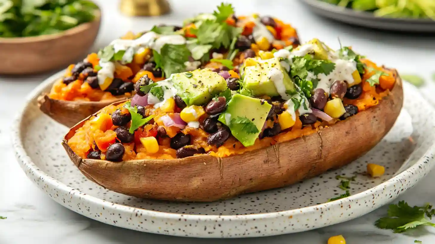 Two baked sweet potatoes stuffed with black beans, corn, red onion, avocado, and yogurt sauce