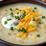 creamy loaded potato soup topped with sour cream, cheddar and chives in a dark bowl, loaded potato soup, dinner idea