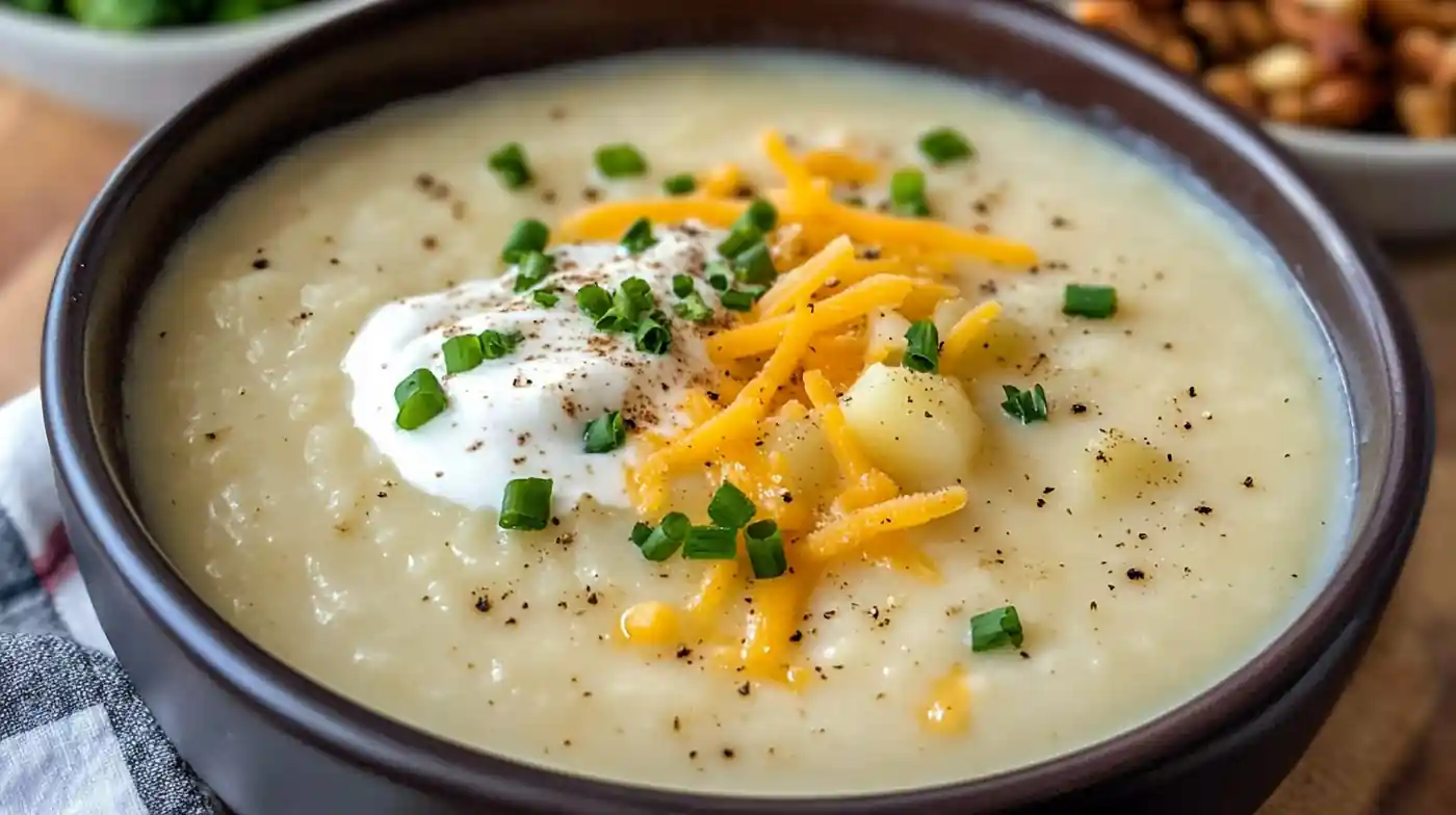 creamy loaded potato soup topped with sour cream, cheddar and chives in a dark bowl, loaded potato soup, dinner idea