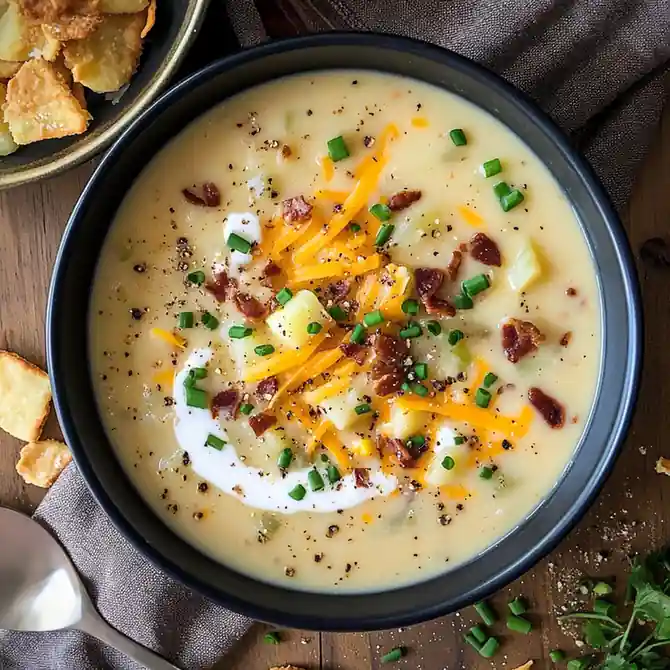 chunky loaded potato soup with potato cubes, cheddar, chives and a light cream swirl — loaded potato soup, dinner idea