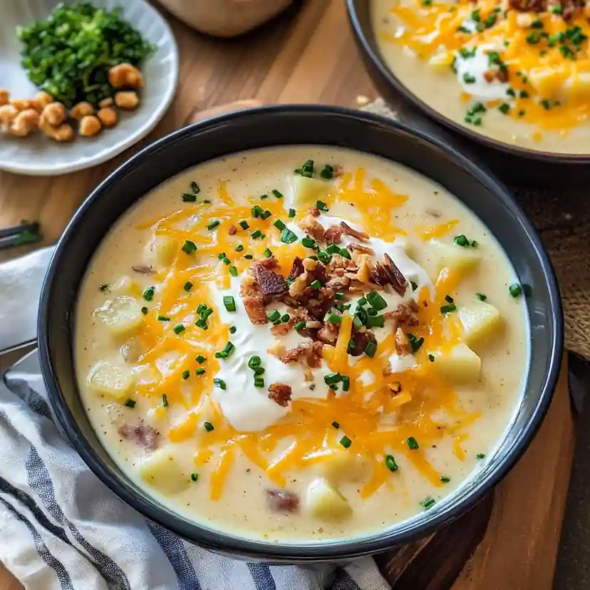 cozy bowl of loaded potato soup with melted cheddar, sour cream and chives on top — loaded potato soup, dinner idea
