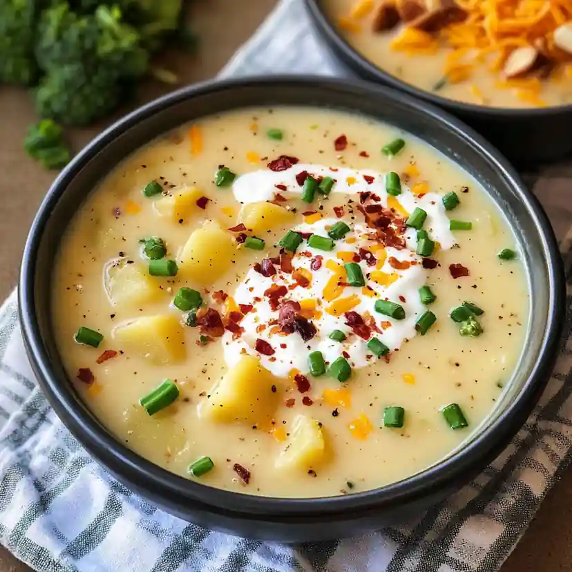 hearty loaded potato soup with tender potato chunks, sour cream and scallion garnish — loaded potato soup, dinner idea