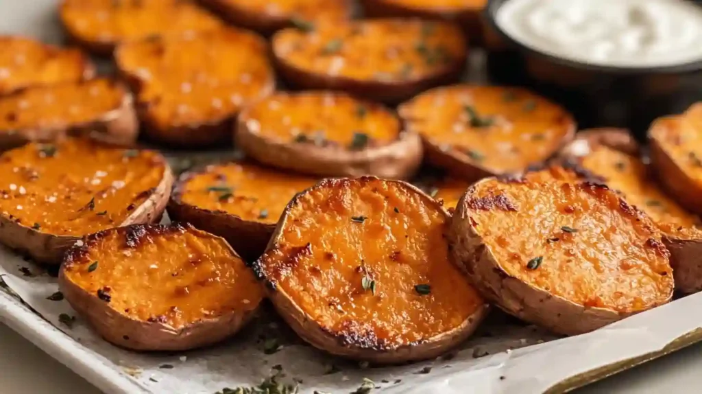 Close-up of sweet potato medallions with browned edges and sea salt on parchment with dip in background