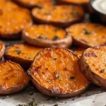 Close-up of sweet potato medallions with browned edges and sea salt on parchment with dip in background