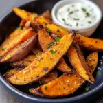 Sweet potato wedges sprinkled with Parmesan cheese and herbs served with dipping sauce