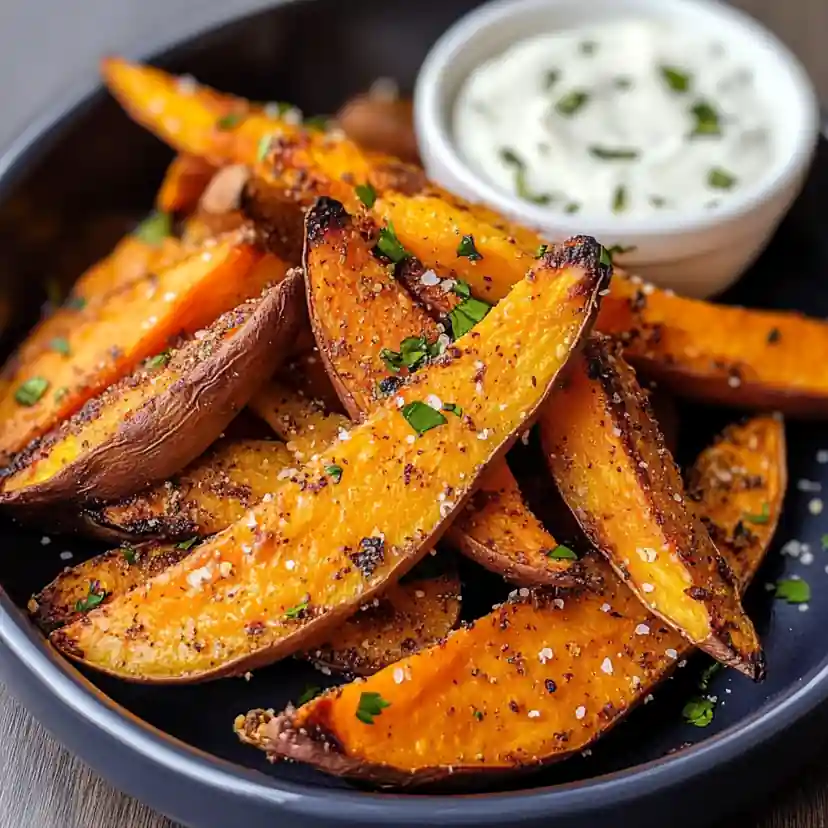 Sweet potato wedges sprinkled with Parmesan cheese and herbs served with dipping sauce
