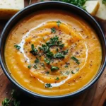 creamy orange soup, parsley, black pepper and a light cream swirl in a matte bowl — potato carrot soup, vegetarian, weeknight-friendly