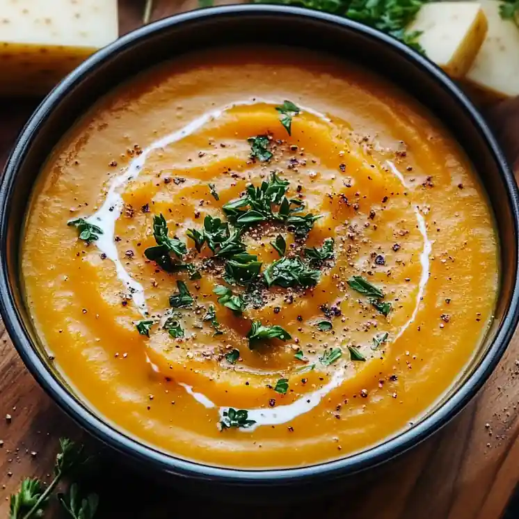creamy orange soup, parsley, black pepper and a light cream swirl in a matte bowl — potato carrot soup, vegetarian, weeknight-friendly