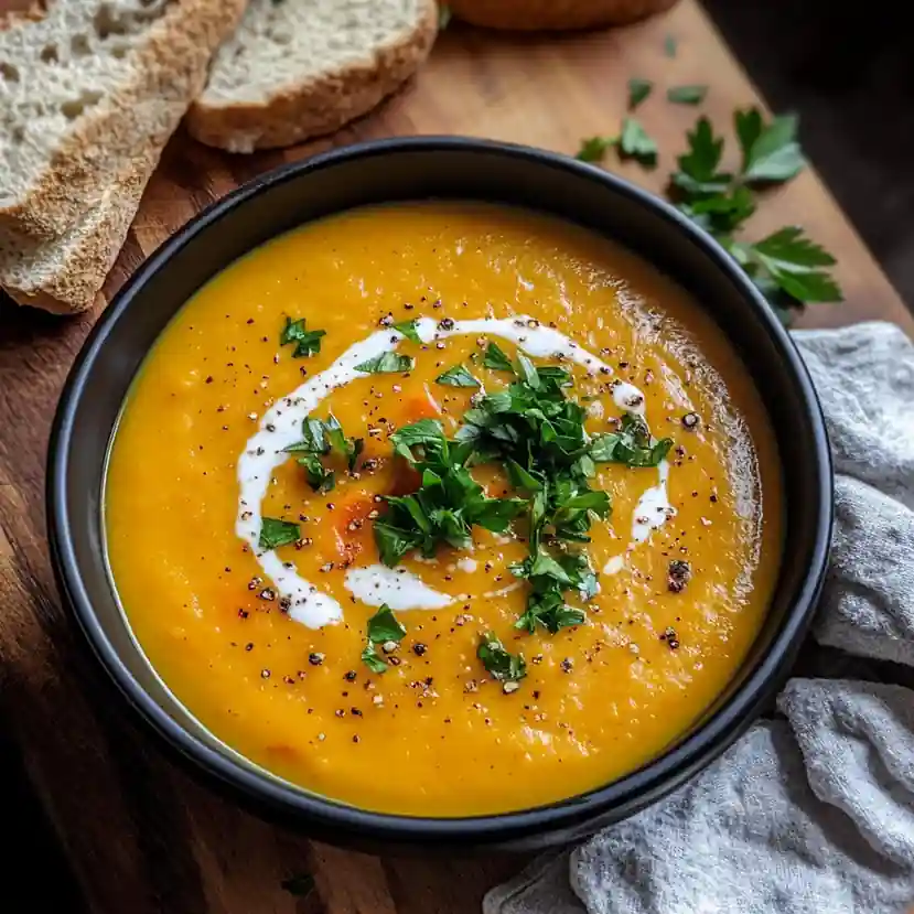 velvety potato carrot soup topped with yogurt swirl and chopped parsley, served with rustic bread, potato carrot soup, vegetarian, weeknight-friendly