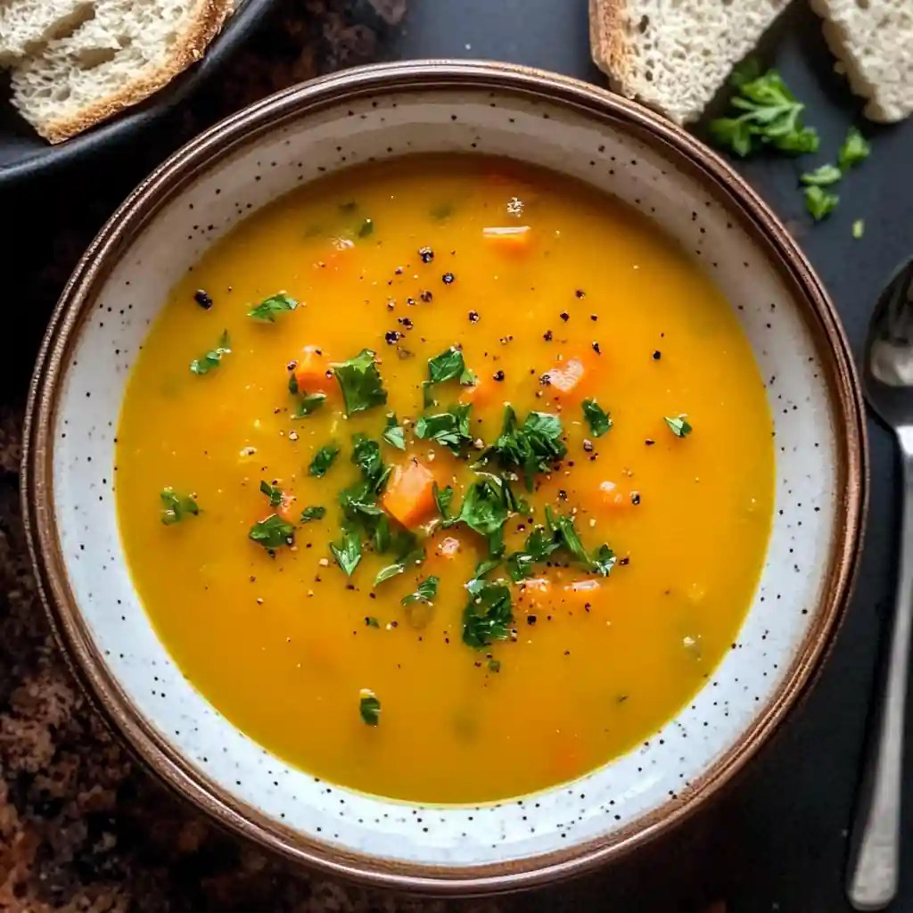 chunky potato-carrot vegetable soup with visible carrot pieces and fresh parsley — potato carrot soup, vegetarian, weeknight-friendly