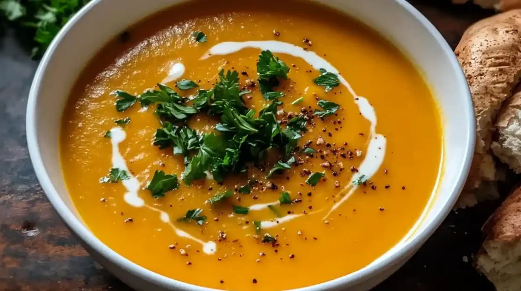 silky blended carrot and potato soup with cream drizzle and cracked pepper, cozy bread on the side — potato carrot soup, vegetarian, weeknight-friendly