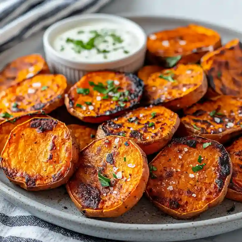 Crispy roasted sweet potato rounds sprinkled with sea salt and parsley with a bowl of garlic yogurt dip