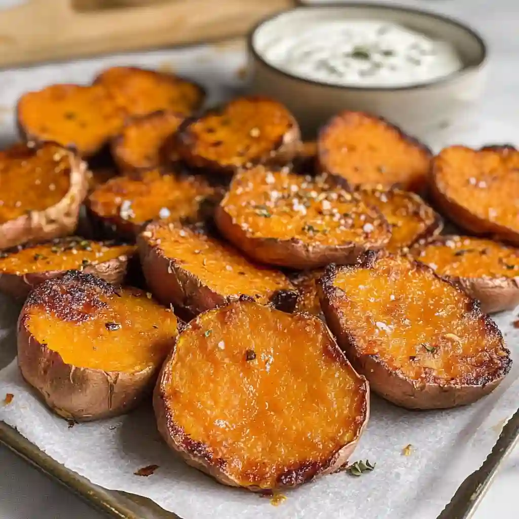 Sheet pan of roasted sweet potato rounds with caramelized tops and herb flakes next to a small bowl of dip