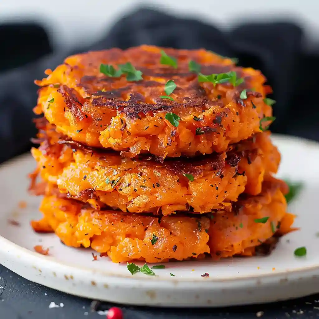 A stack of three golden-brown sweet potato patties sprinkled with herbs