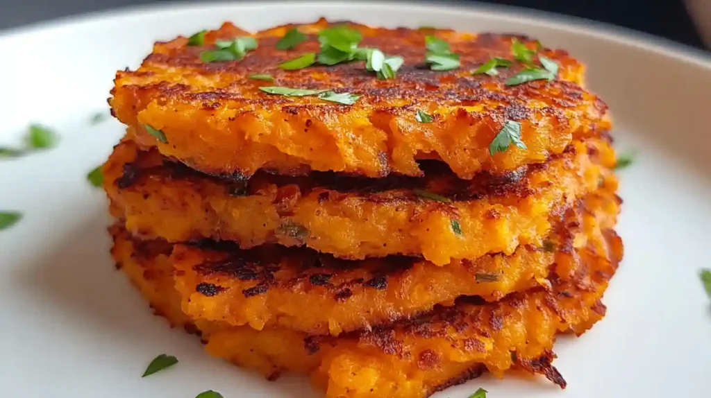 Four golden sweet potato cakes stacked neatly on a plate with parsley garnish