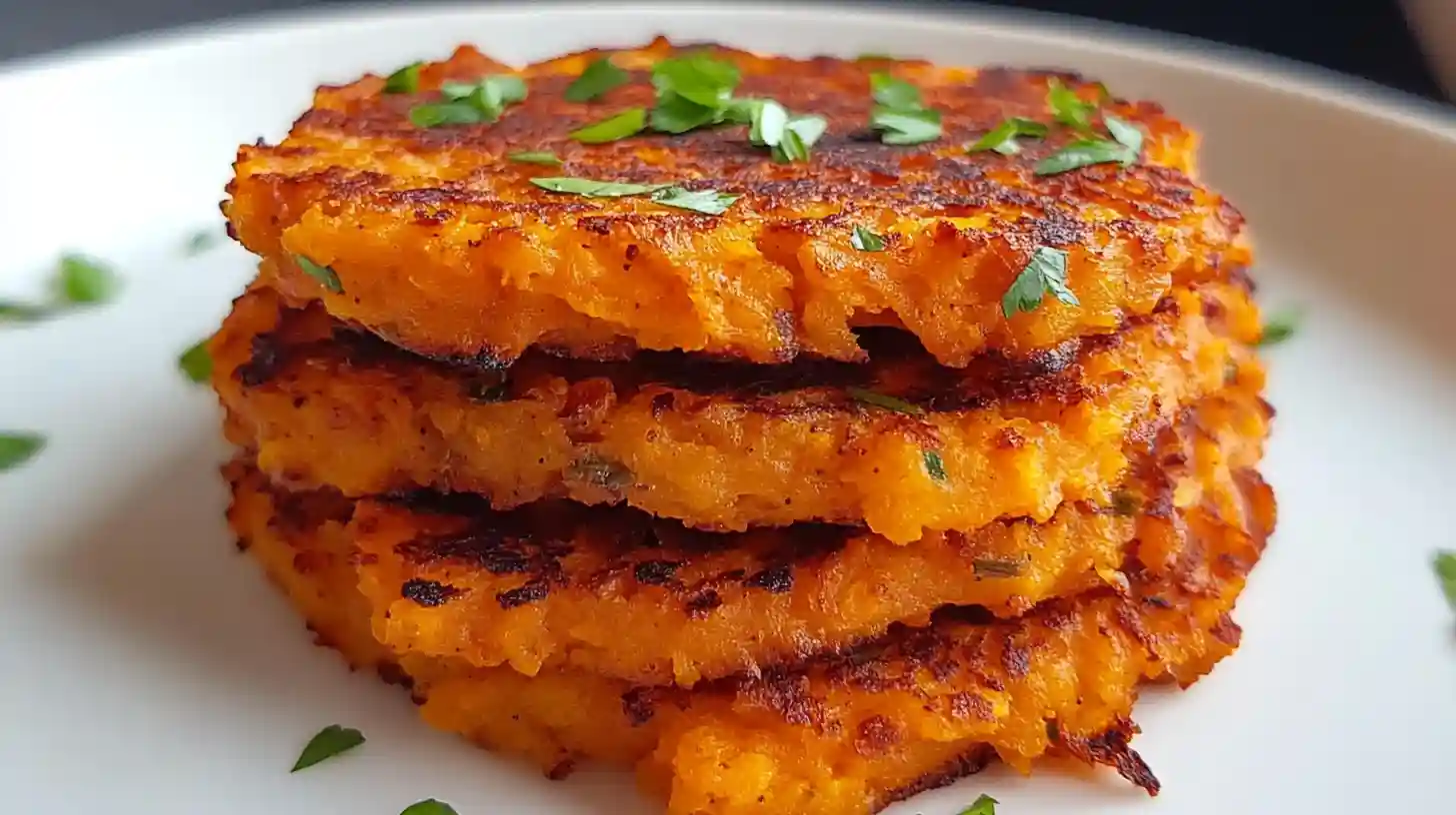 Four golden sweet potato cakes stacked neatly on a plate with parsley garnish