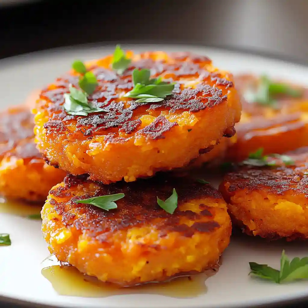 Golden brown sweet potato hash browns stacked on a white plate with parsley garnish