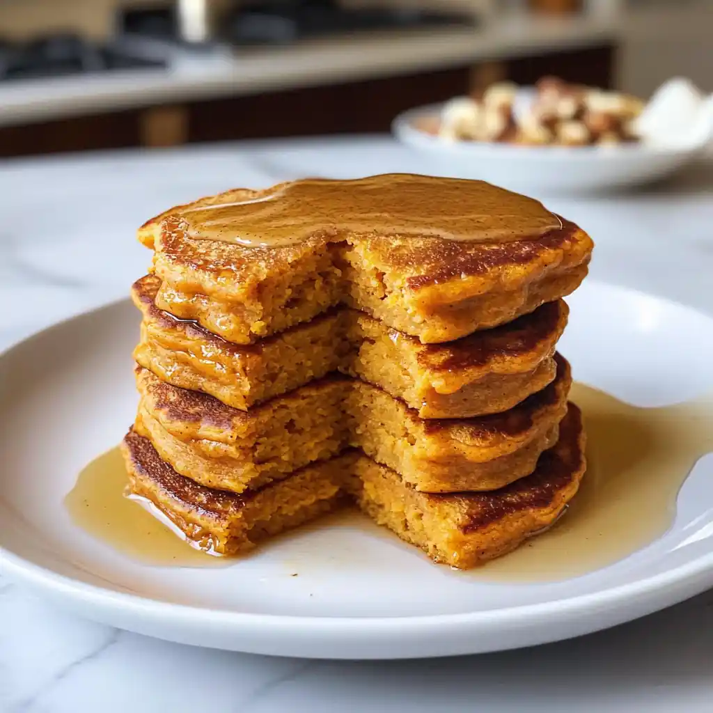 Fluffy sweet potato pancakes stacked on a plate with maple syrup, warm fall spices, and a golden, bakery‑soft crumb.