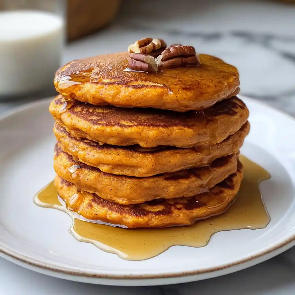 Fluffy sweet potato pancakes stacked on a plate with maple syrup, warm fall spices, and a golden, bakery‑soft crumb.