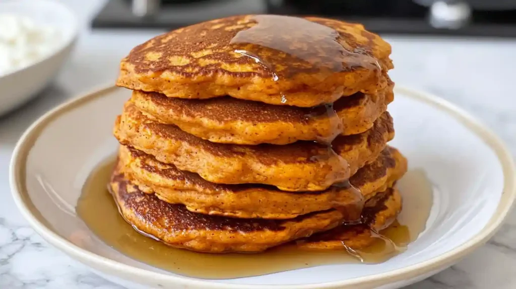 Fluffy sweet potato pancakes stacked on a plate with maple syrup, warm fall spices, and a golden, bakery‑soft crumb.