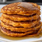 Fluffy sweet potato pancakes stacked on a plate with maple syrup, warm fall spices, and a golden, bakery‑soft crumb.