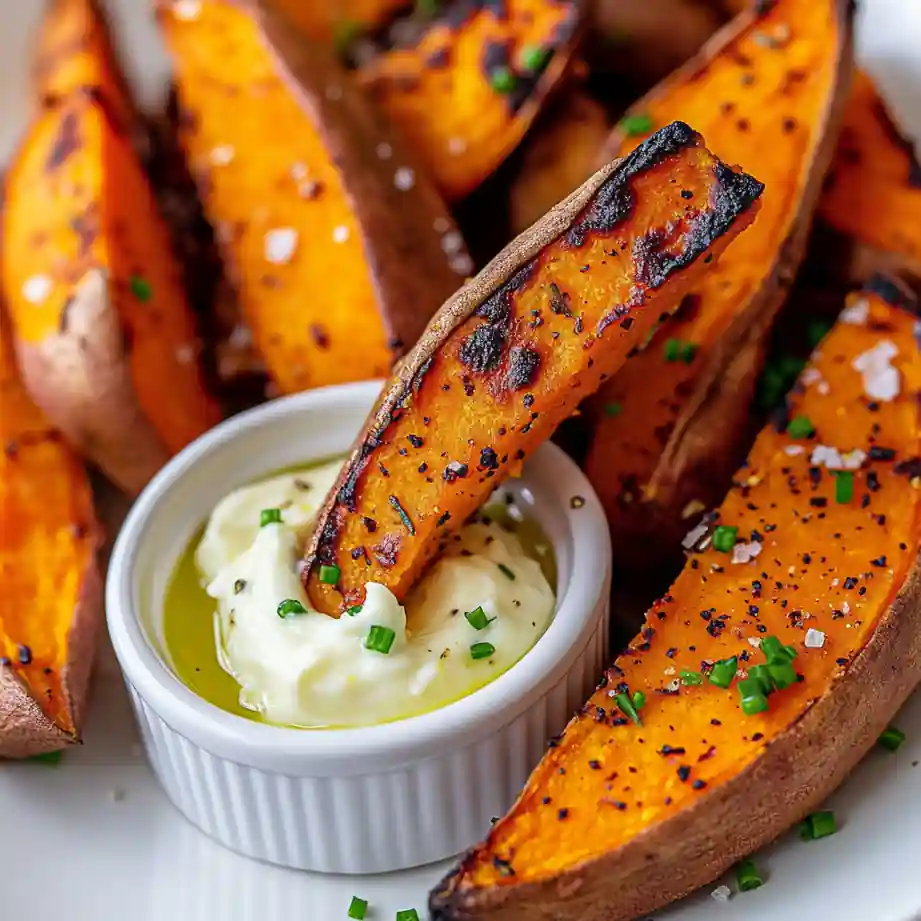Sweet potato wedge dipped into garlic aioli with herbs