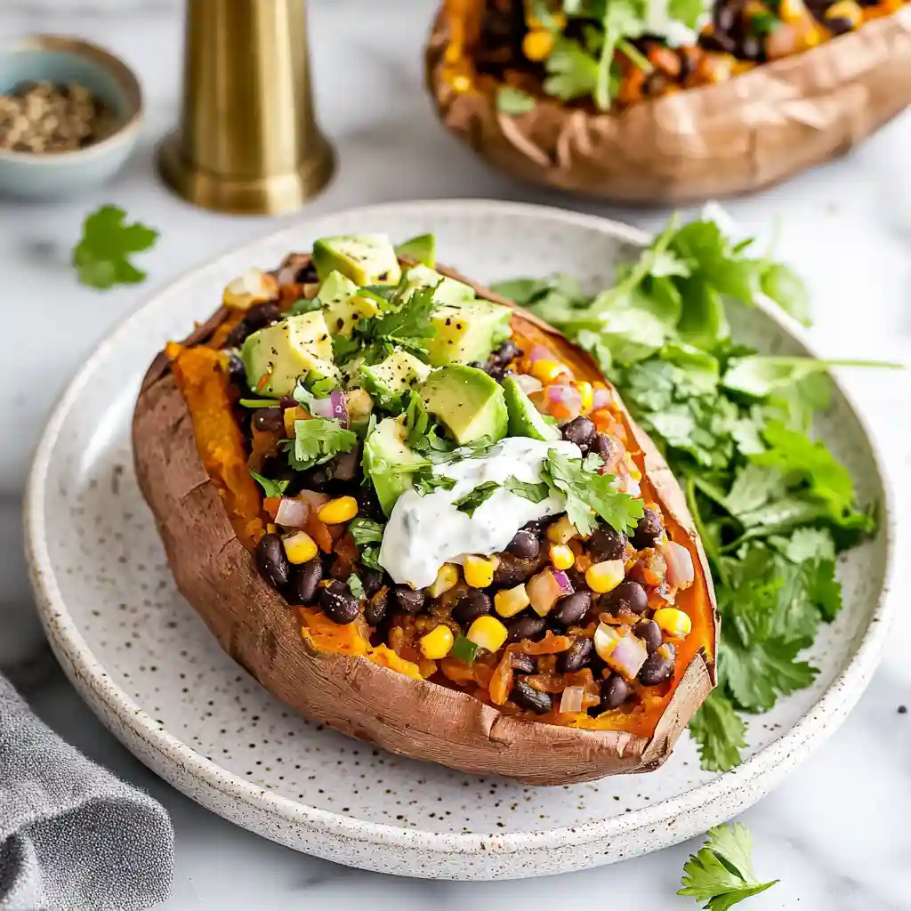 A baked sweet potato topped with black beans, corn, avocado cubes, and creamy yogurt sauce