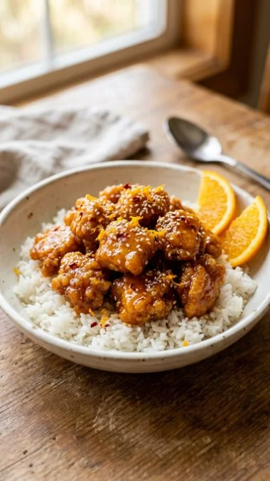 Delicious air fryer orange chicken served with steamed broccoli