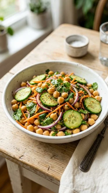 Asian Cucumber and Chickpea salad with fresh vegetables and spices