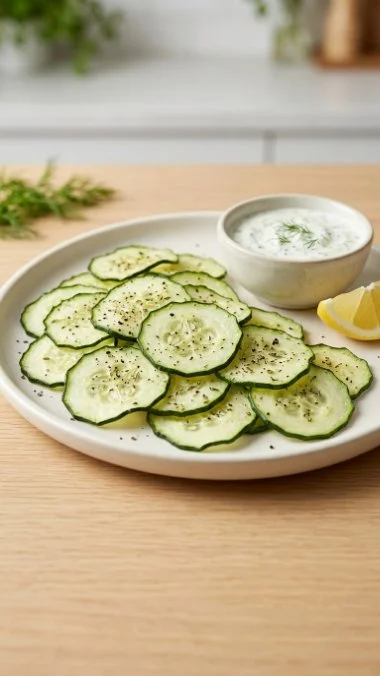 Baked cucumber chips on a white plate, crispy and healthy snack option.