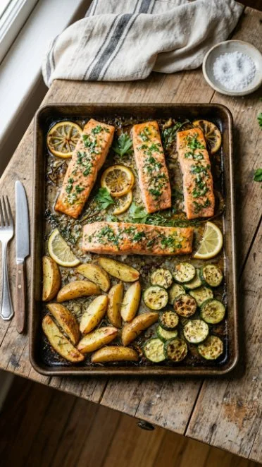 Delicious baked salmon on a sheet pan with vibrant vegetables