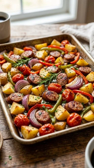 Baked Sausage and Potato Sheet Pan Dinner ready to serve