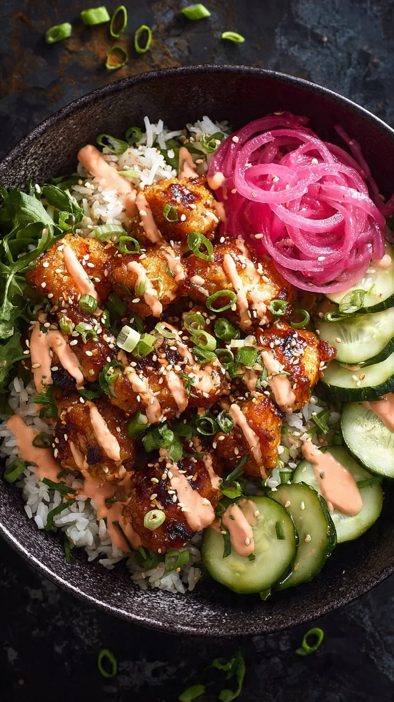 Delicious Bang Bang Chicken Bowl with crispy chicken and vegetables