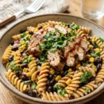 Delicious BBQ chicken pasta salad in a bowl, garnished with fresh herbs.