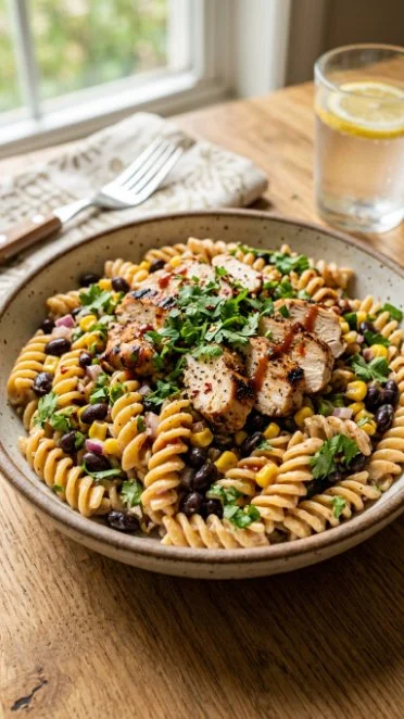 Delicious BBQ chicken pasta salad in a bowl, garnished with fresh herbs.