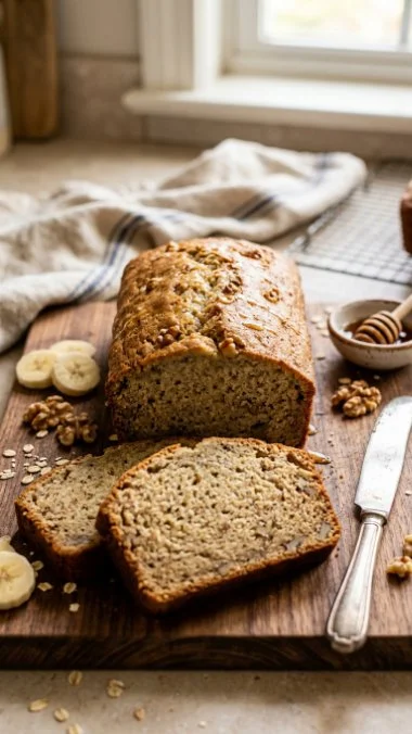 Slice of healthy banana bread made with ripe bananas and wholesome ingredients.