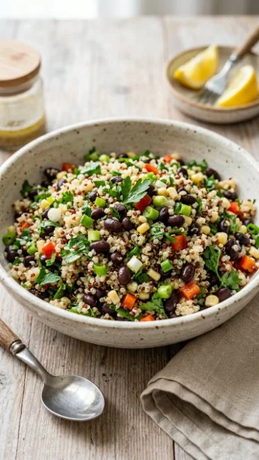 Colorful black bean quinoa salad with fresh vegetables and dressing