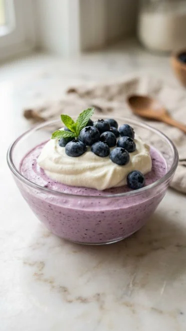 Delicious blueberry cottage cheese mousse in a dessert bowl, garnished with fresh blueberries.