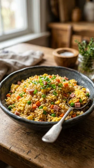 Healthy cauliflower fried rice served in a bowl with fresh vegetables
