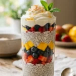 Chia pudding parfait layered with fruits and nuts in a glass