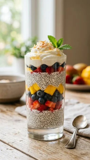 Chia pudding parfait layered with fruits and nuts in a glass