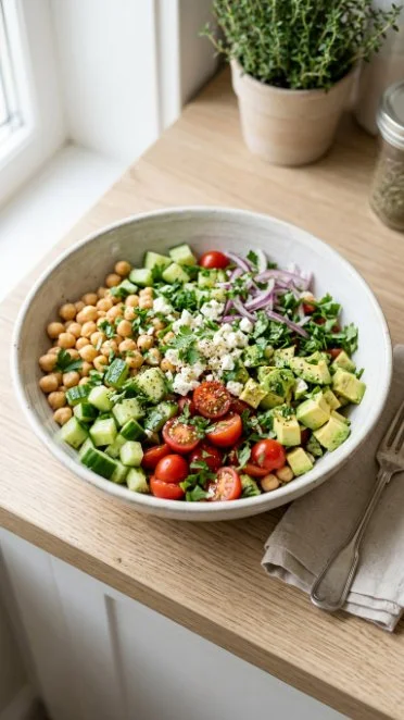 Vibrant chickpea salad with fresh vegetables and herbs in a bowl